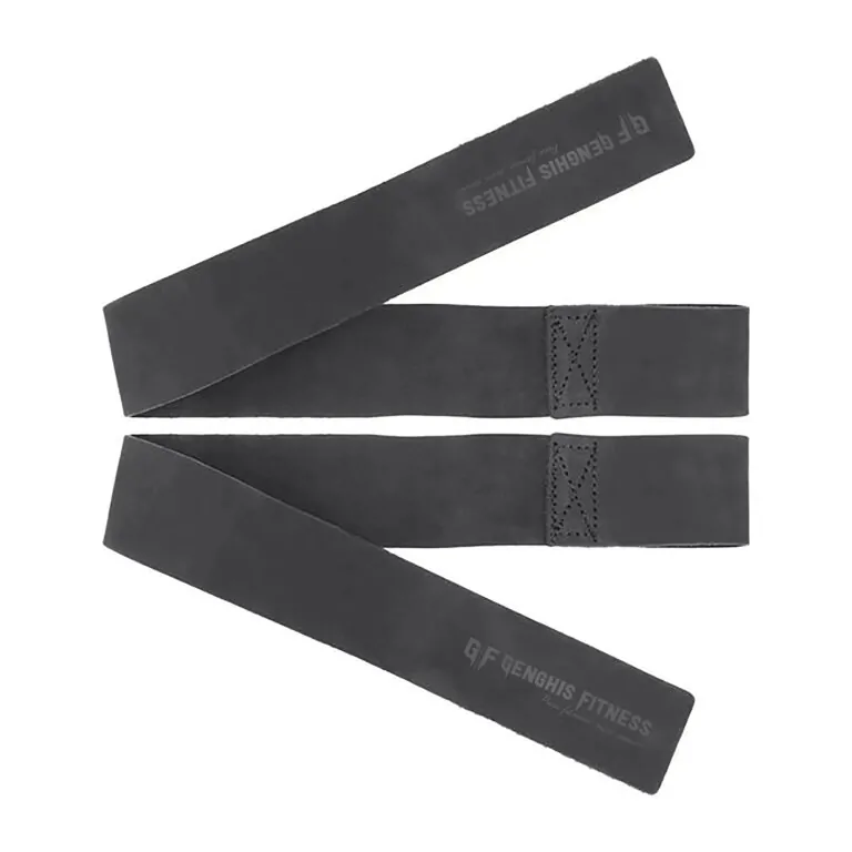 Genghis Fitness Leather Weight Lifting Straps Black Pair Flat Lay
